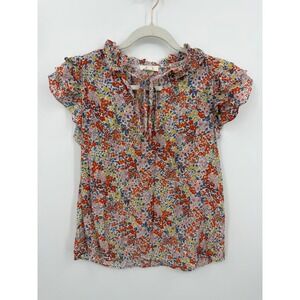 Avara Floral Flutter Sleeve Blouse Womens Medium Multicolor Ruffle Tie Neck Top
